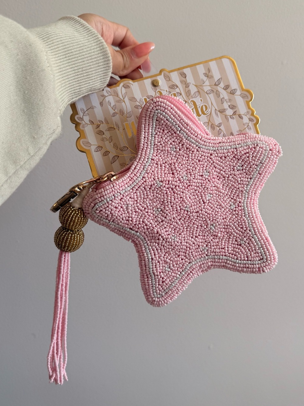 India Handmade Beaded Star Pouch Bag Pink White Gold
